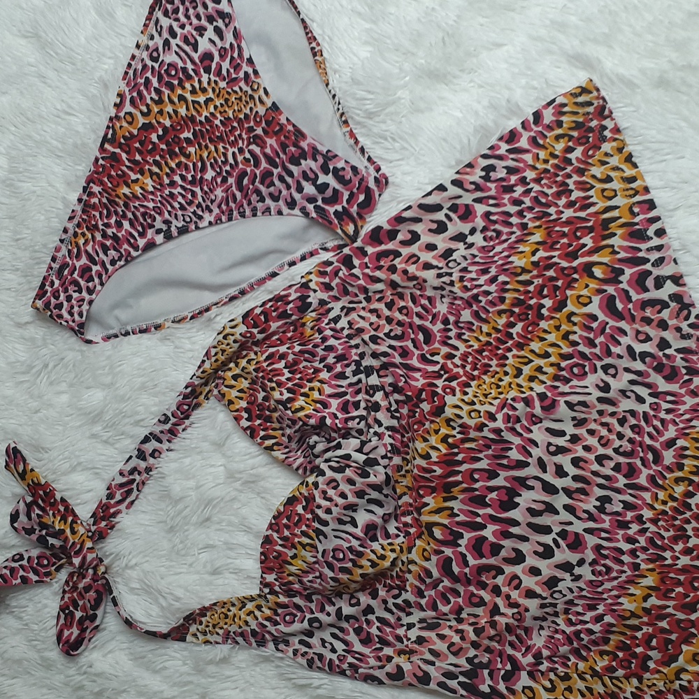 CATALINA 2 PC Pink Animal Print Tankini Halter Swimsuit Set L 12-14